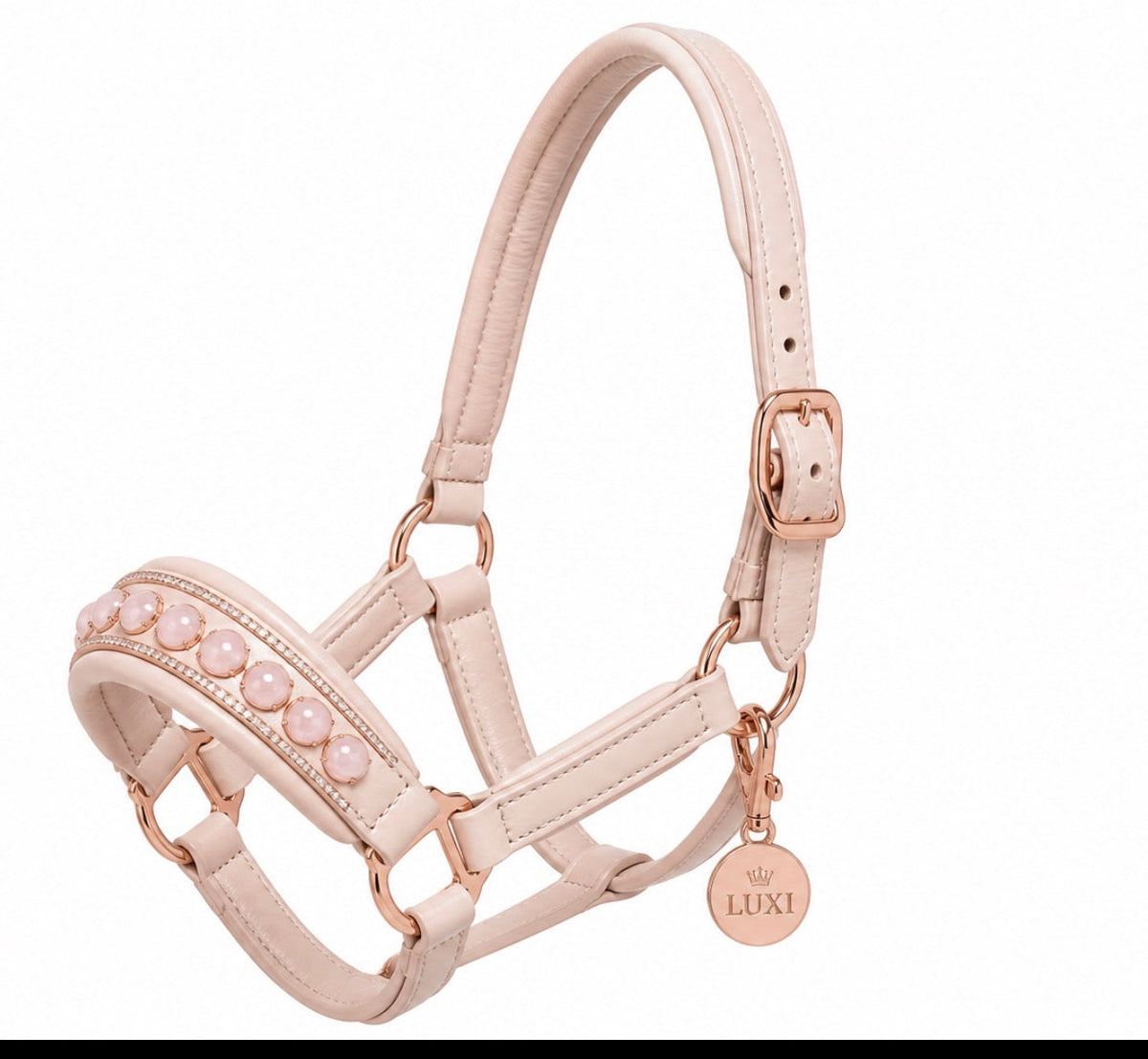Luxi Heart Headcollar in blush leather with rose quartz stones