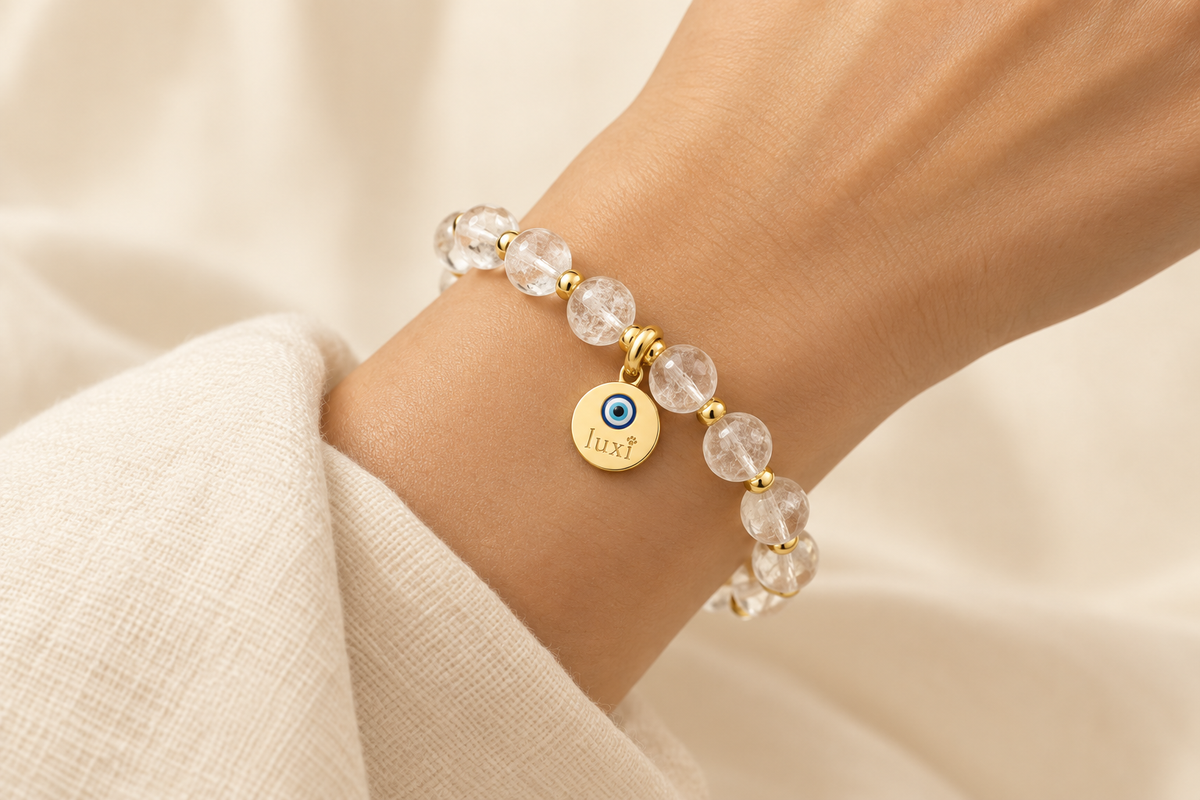 Clear Quartz bracelet worn on wrist