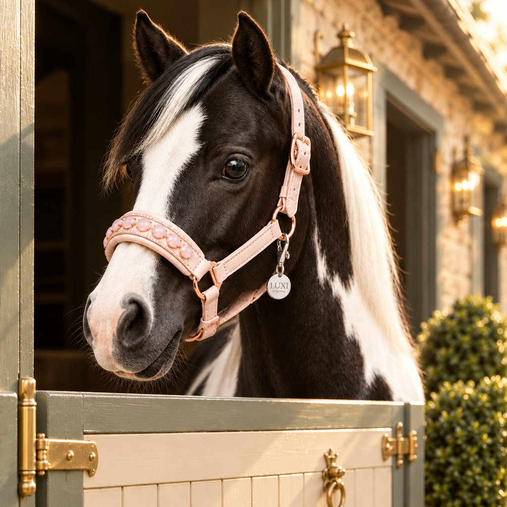 Black-and-white pony wearing the Heart rose quartz headcollar in blush-pink leather with rose gold fittings