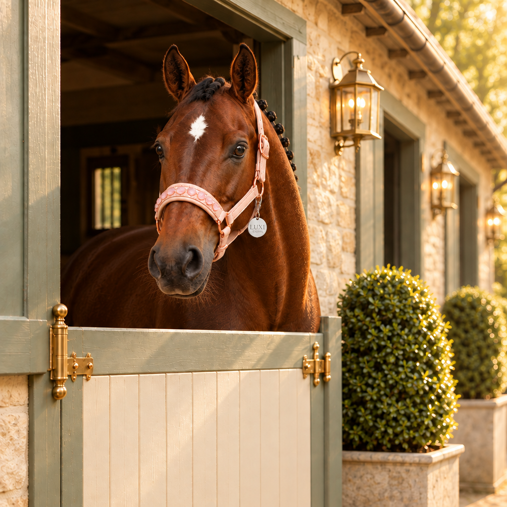 Bay horse wearing the Heart rose quartz headcollar in blush-pink leather with rose gold fittings