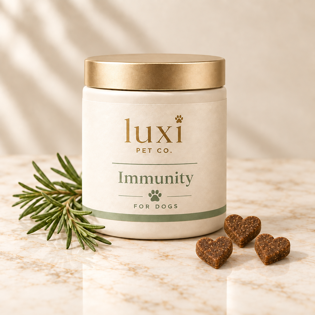 Luxi Pet Co Immunity pot with heart-shaped soft chews for dogs