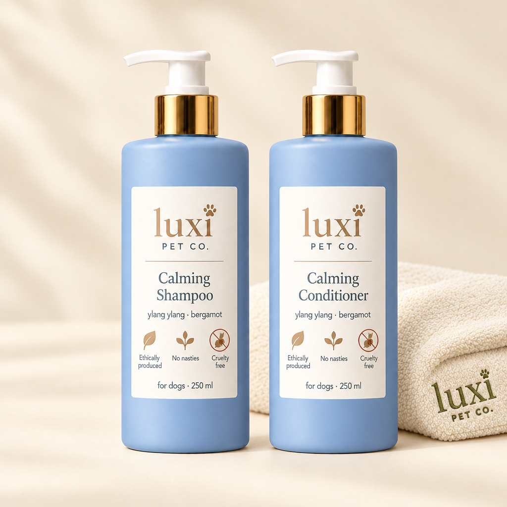 Luxi Calm shampoo and conditioner duo with embroidered Luxi towel on cream background