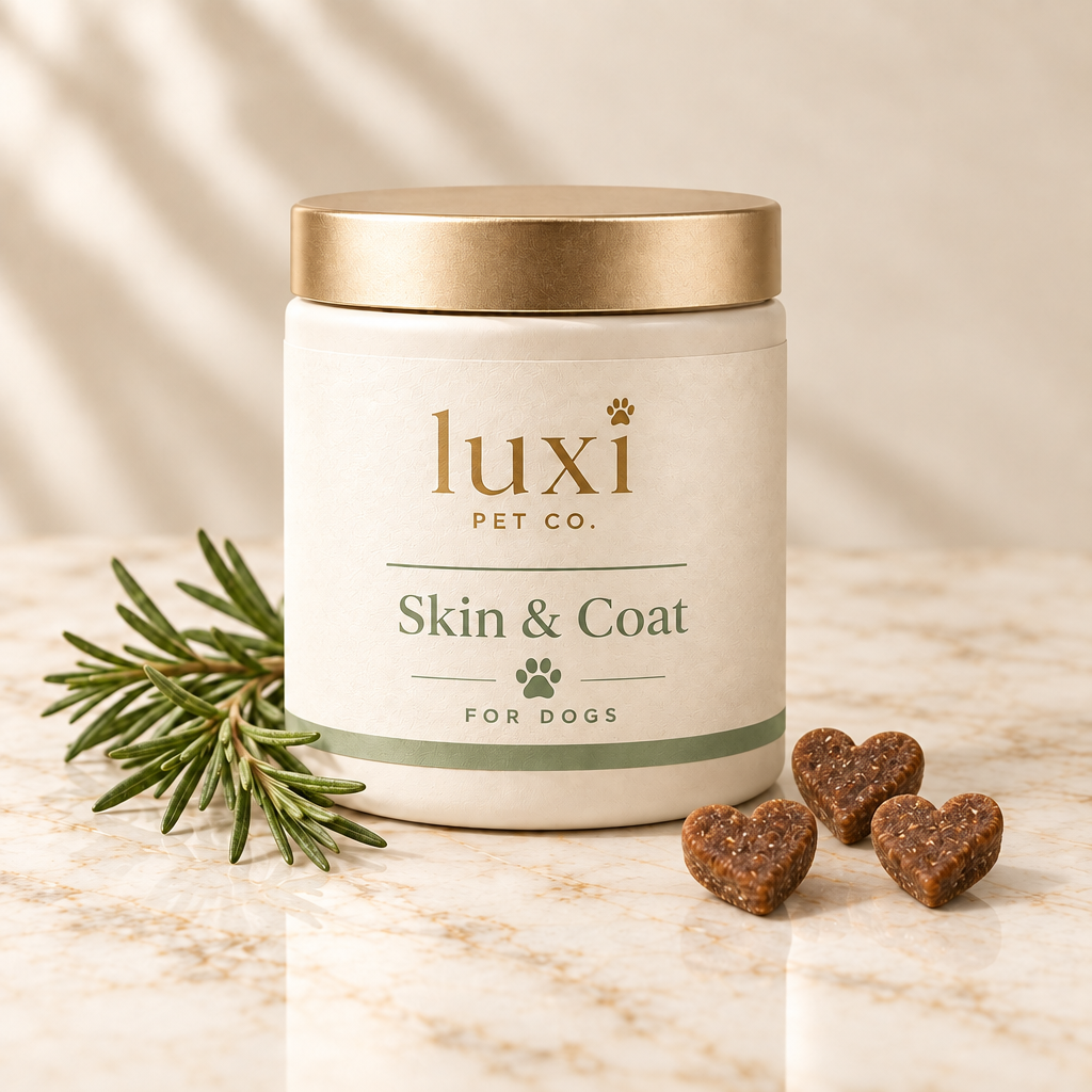 Luxi Pet Co Skin & Coat pot with three heart-shaped soft chews for dogs