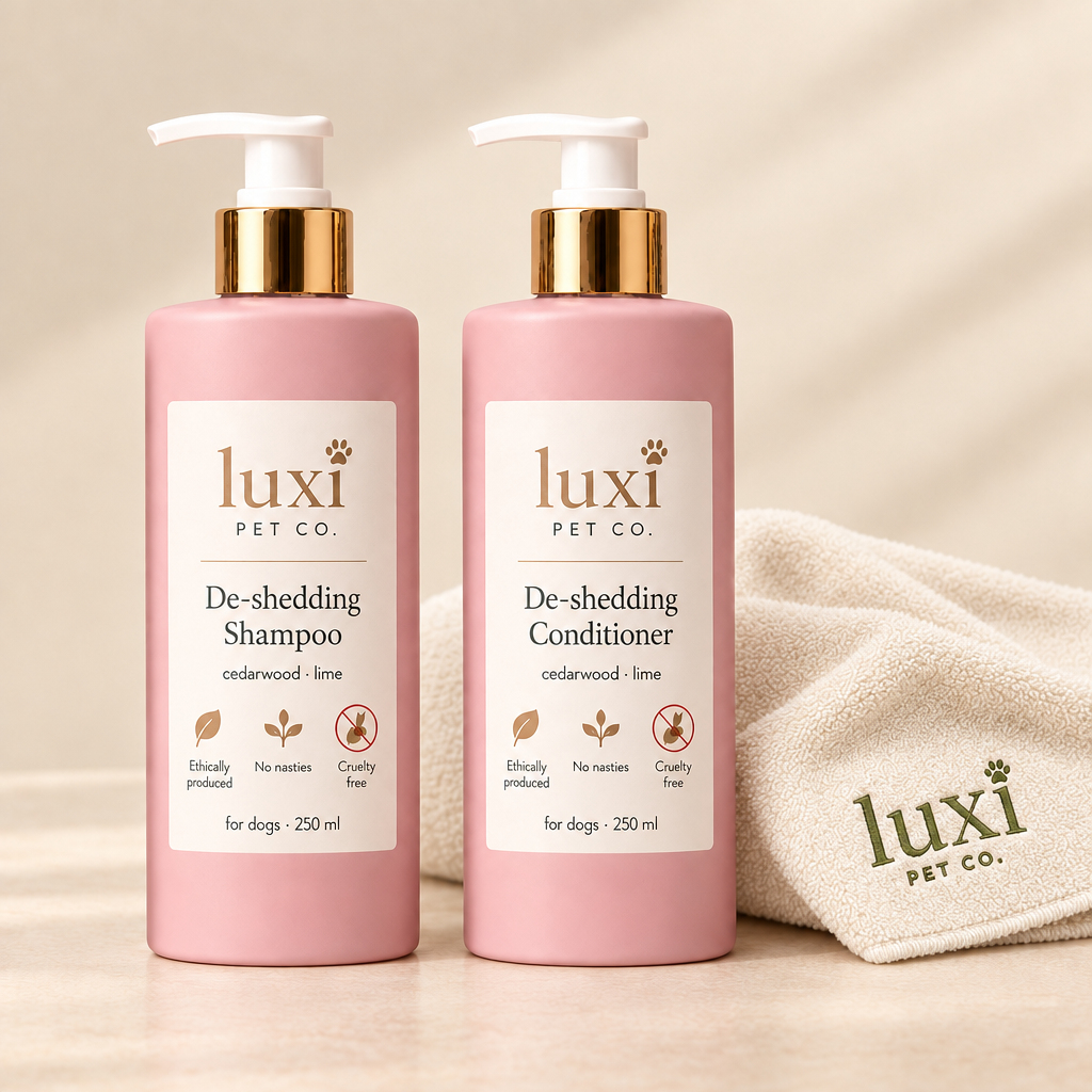 Luxi DeShed shampoo and conditioner duo with embroidered Luxi towel on cream background