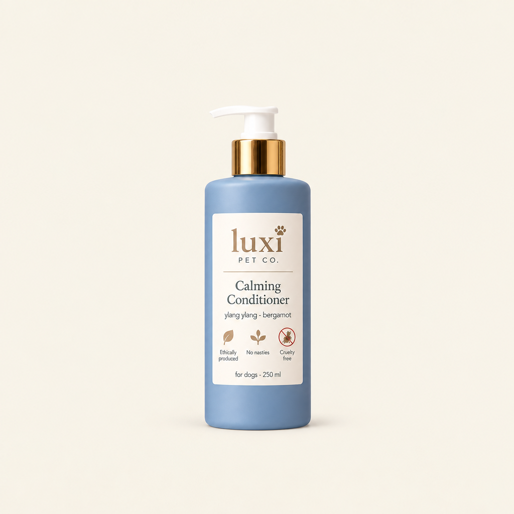 Calm conditioner bottle centered smaller on cream background