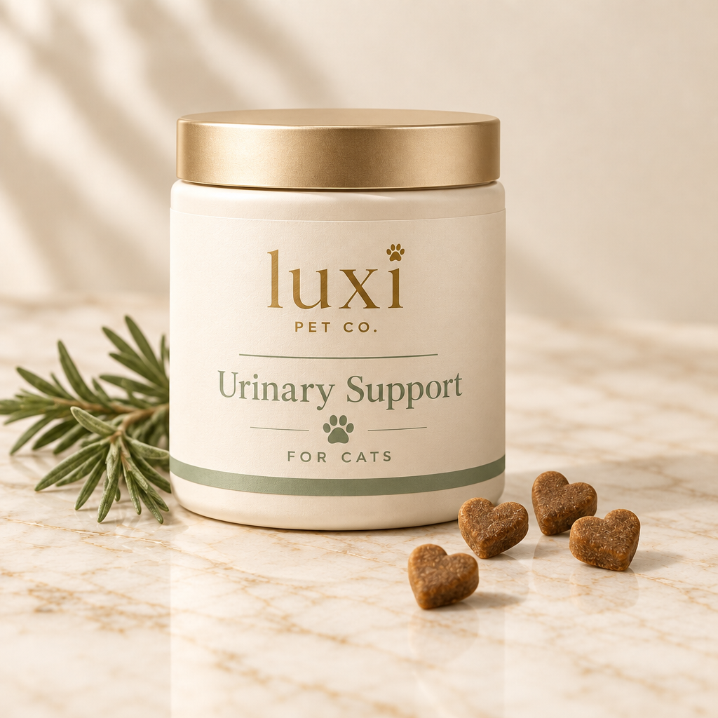 Luxi Pet Co Urinary Support pot with heart-shaped soft chews for cats