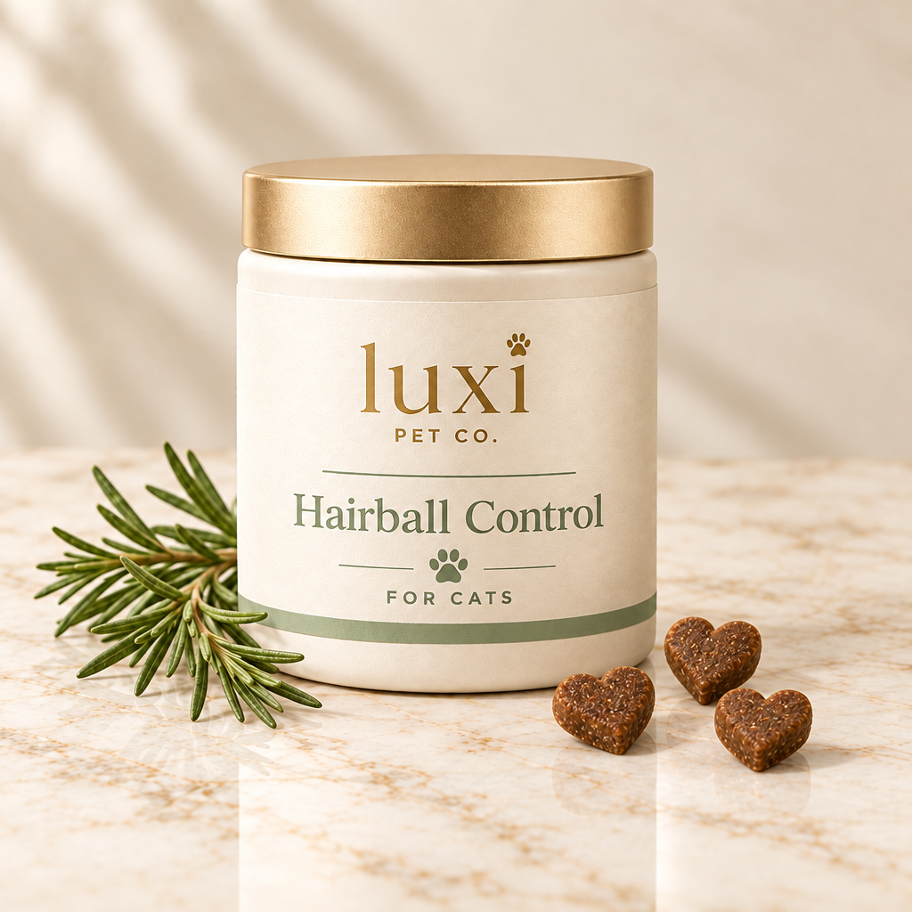 Luxi Pet Co Hairball Control pot with heart-shaped soft chews for cats