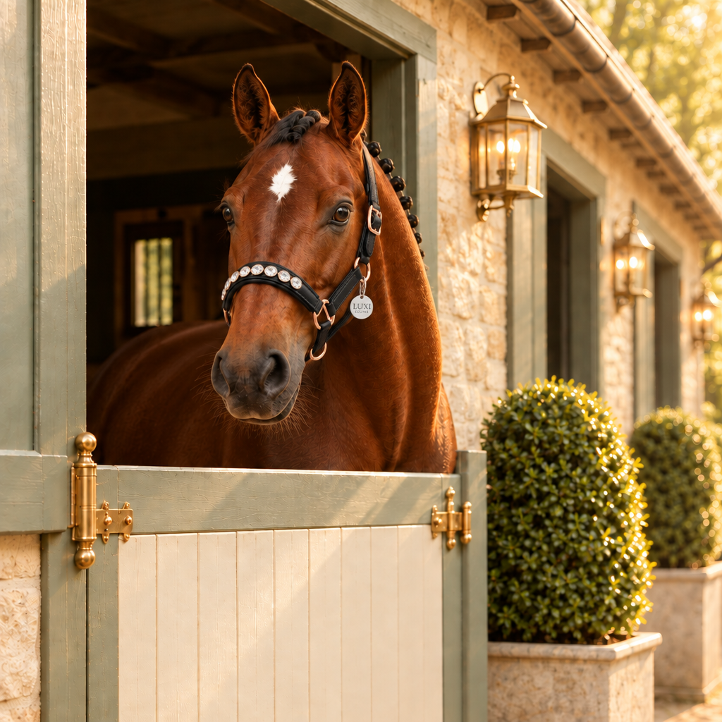 Bay horse wearing the Light headcollar in black leather with clear quartz noseband details and rose gold fittings