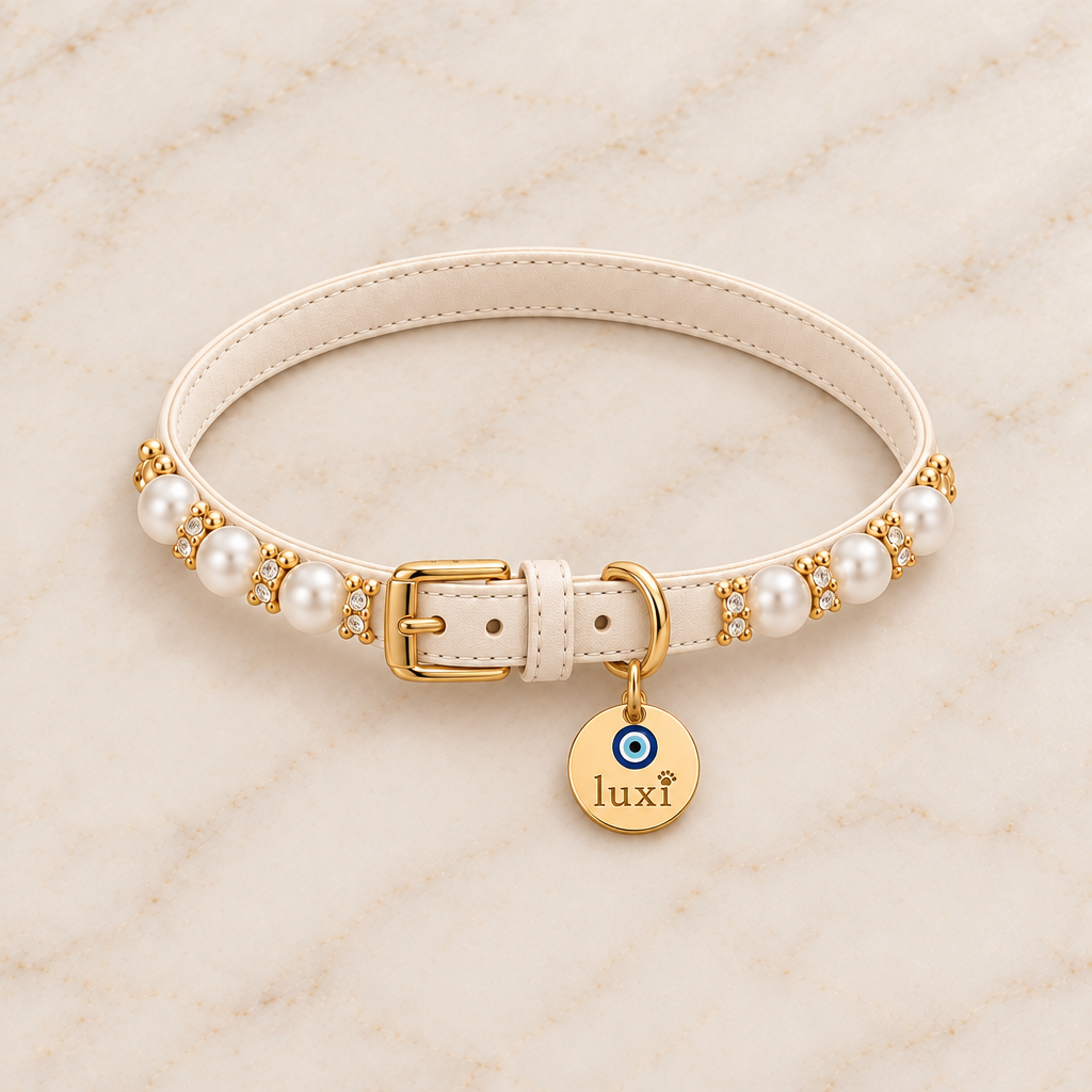 Pearl white collar with D-ring tag