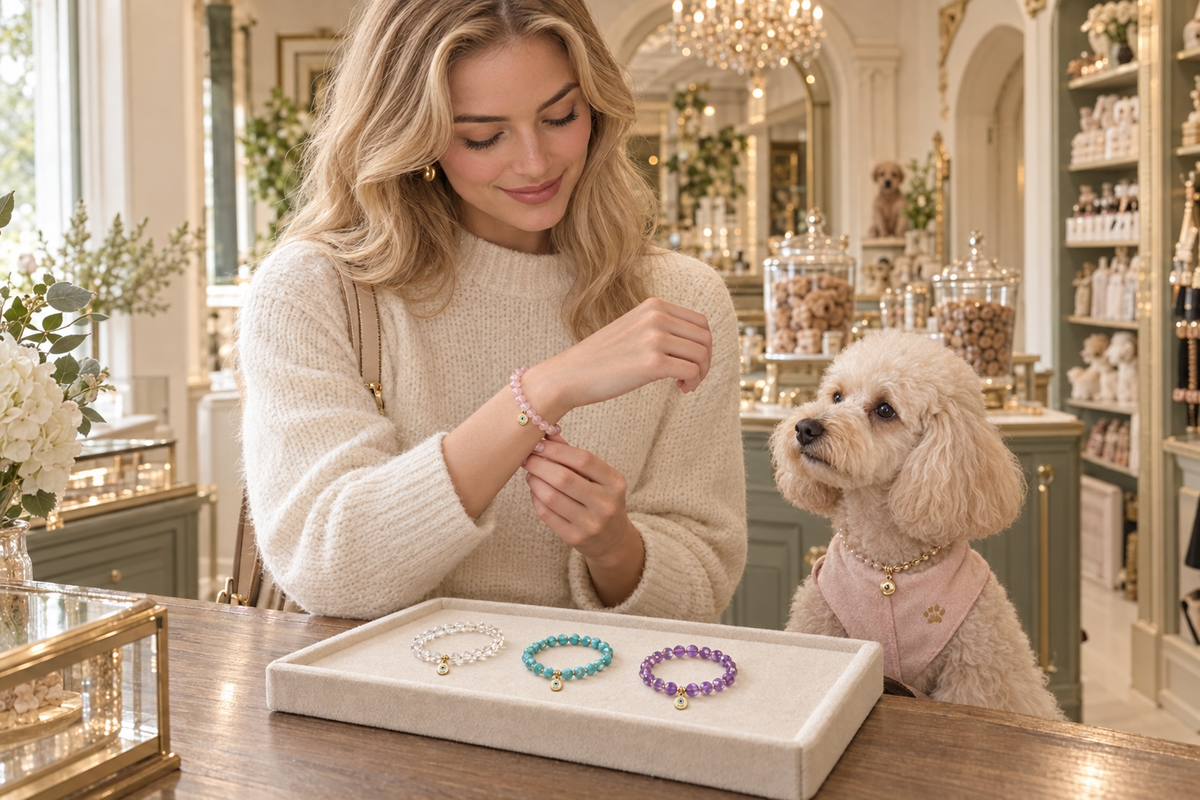 Young woman trying on genuine rose quartz, clear quartz, turquoise and amethyst bracelets in the Luxi boutique