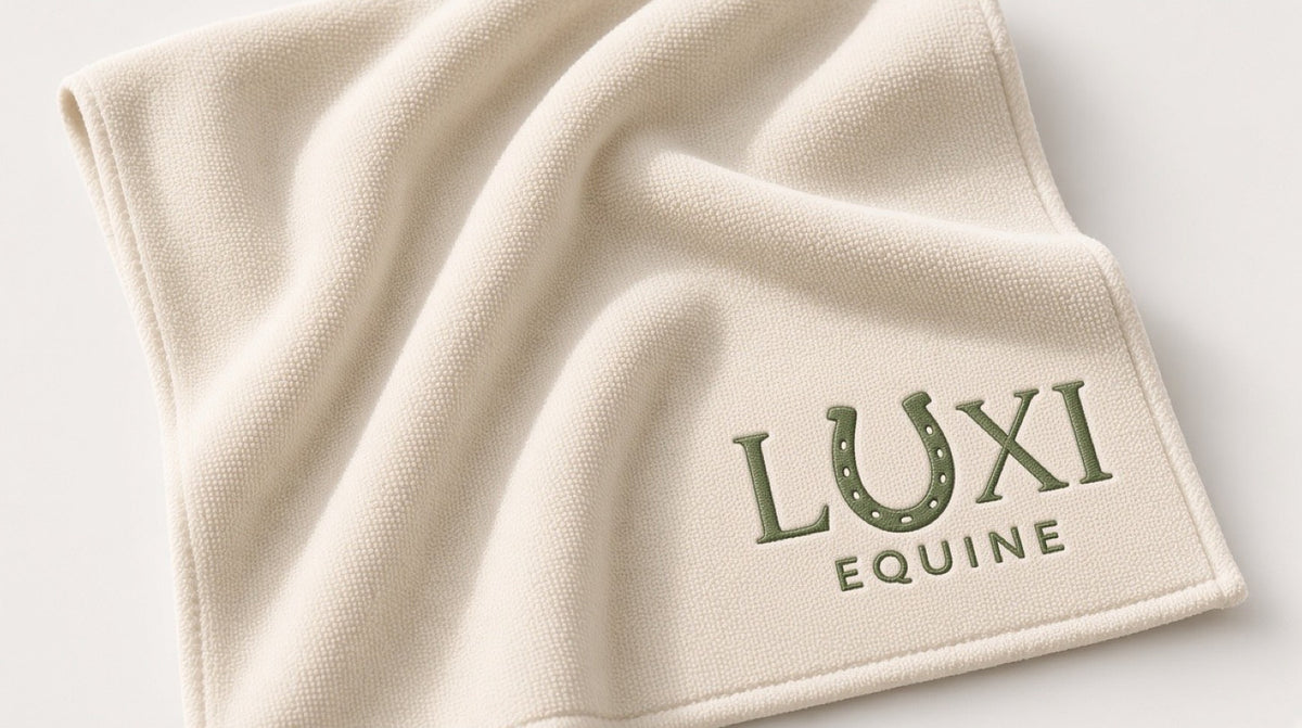 Cream Luxi Equine microfibre towel with an embroidered green logo and horseshoe detail
