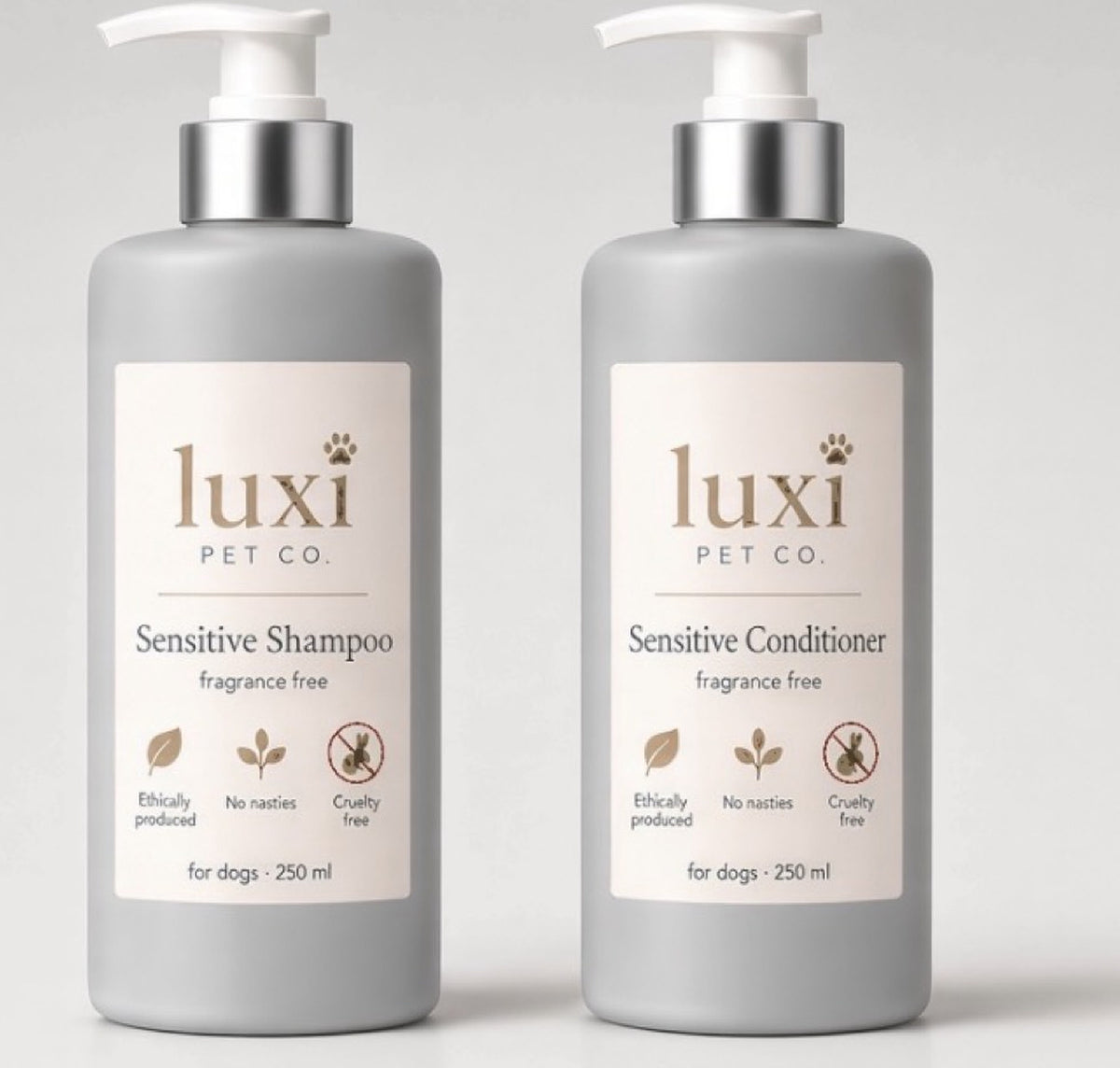 Luxi Sensitive fragrance-free dog shampoo and conditioner in two grey 250ml pump bottles
