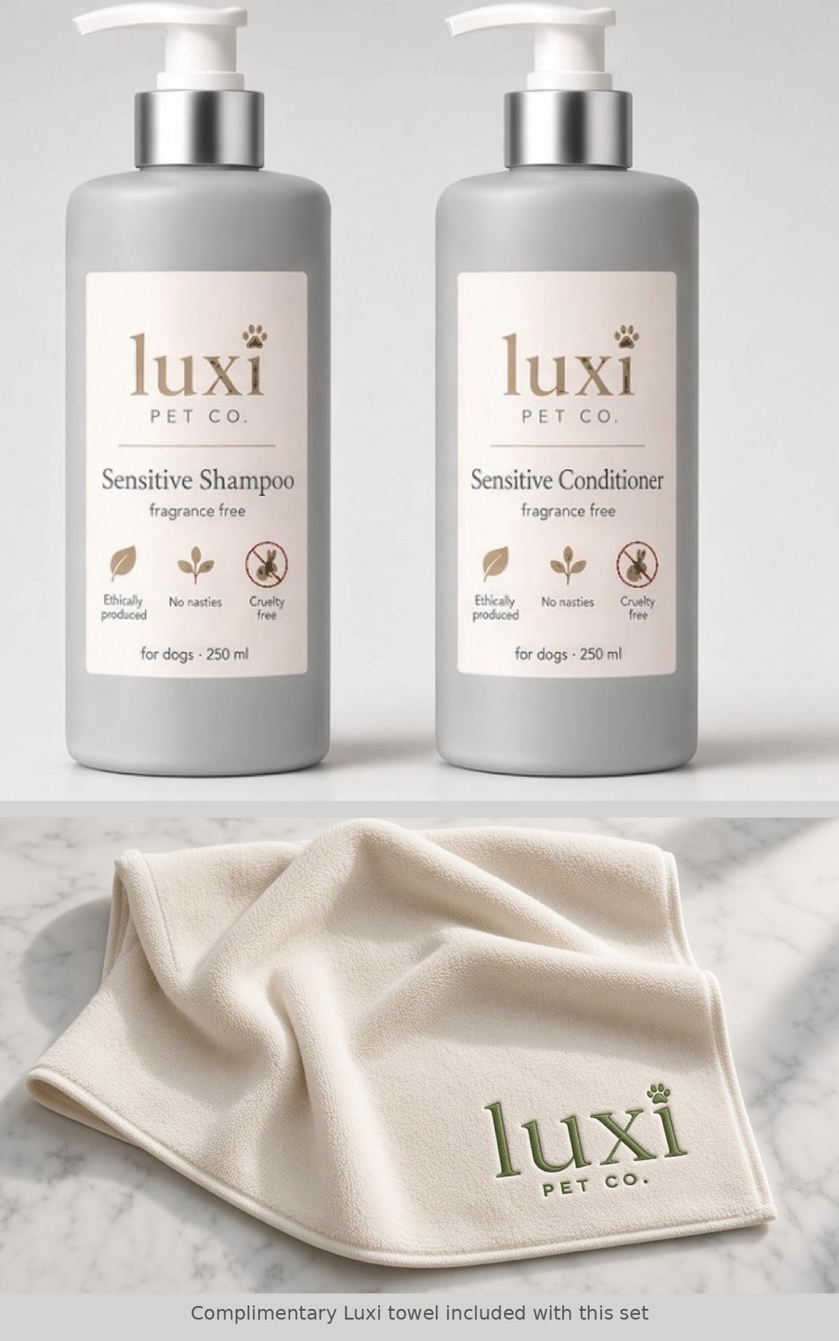 Luxi Sensitive fragrance-free dog shampoo and conditioner in grey 250ml pump bottles with the included cream Luxi towel

