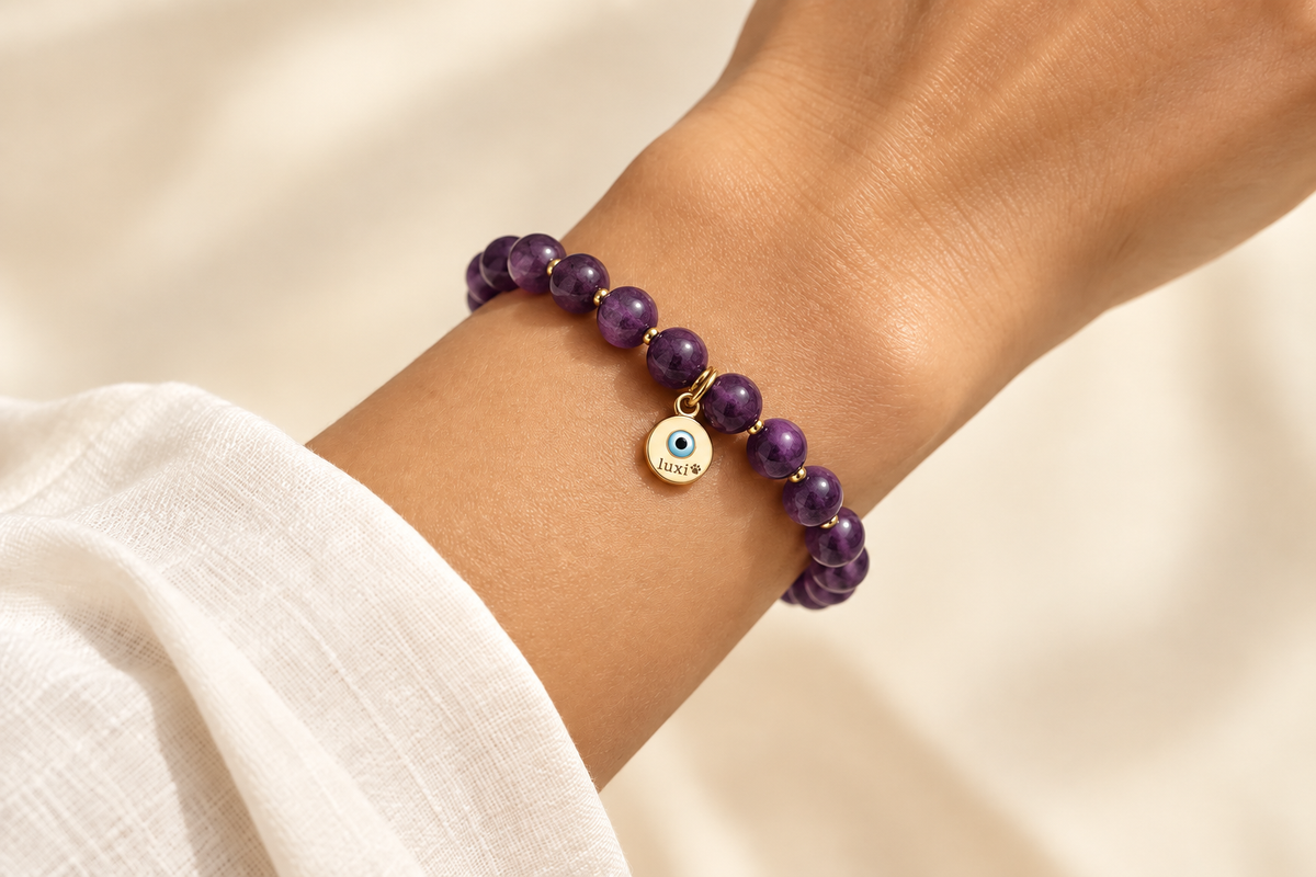 Amethyst bracelet worn on wrist, matching turquoise set