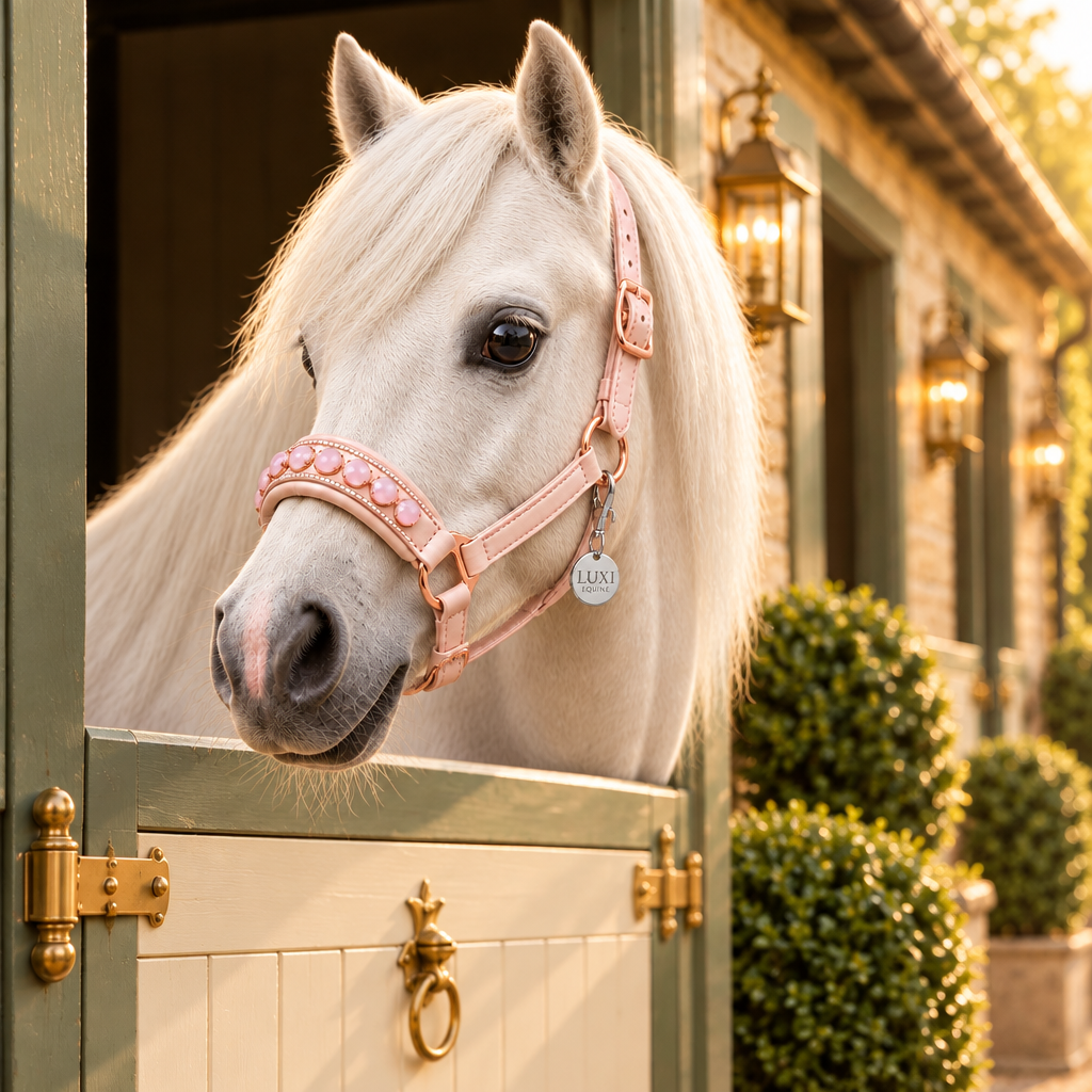 White pony wearing the Heart headcollar in blush-pink leather with rose quartz noseband details and rose gold fittings
