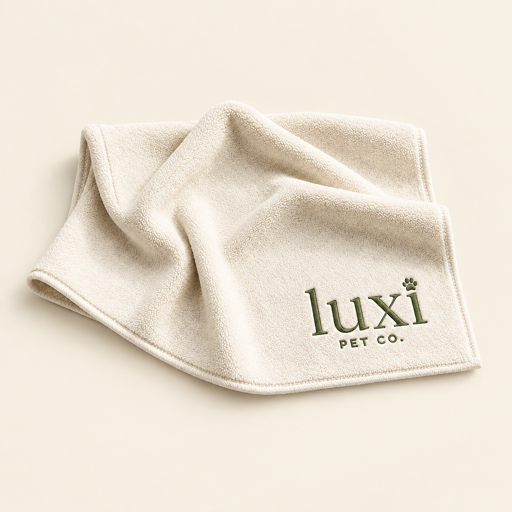 Cream Luxi Pet Co embroidered towel on cream background
