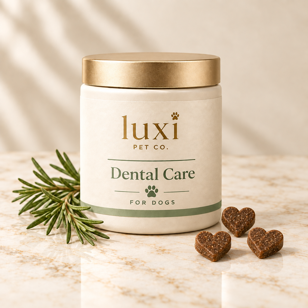 Luxi Pet Co Dental Care pot with three heart-shaped soft chews for dogs