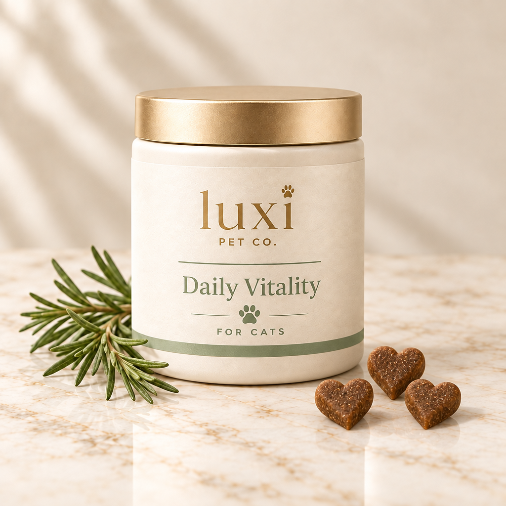 Luxi Pet Co Daily Vitality and Immune Support pot with heart-shaped soft chews for cats