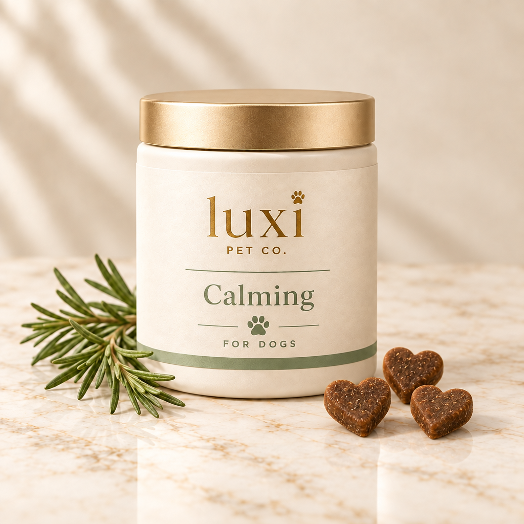 Luxi Pet Co Calming pot with three heart-shaped soft chews for dogs
