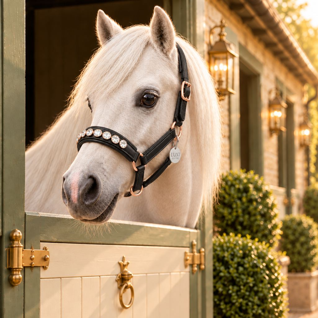 White pony wearing the Light headcollar in black leather with clear quartz noseband details and rose gold fittings
