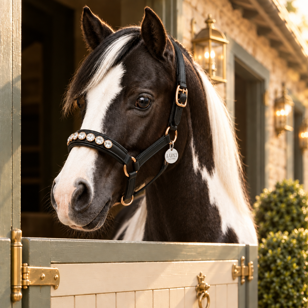 Black-and-white pony wearing the Light headcollar in black leather with clear quartz noseband details and rose gold fittings
