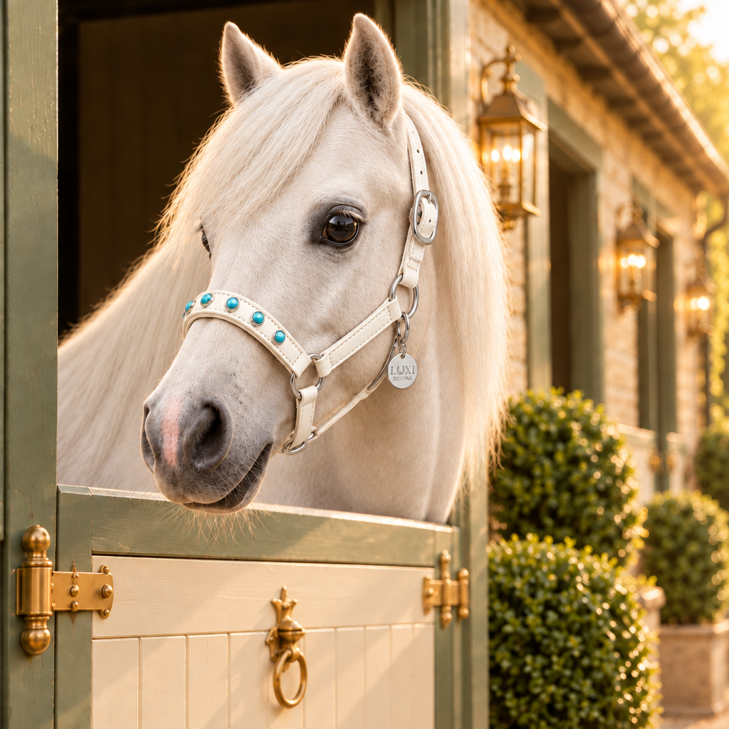 White pony wearing the Loyalty headcollar in cream leather with turquoise noseband details and silver fittings
