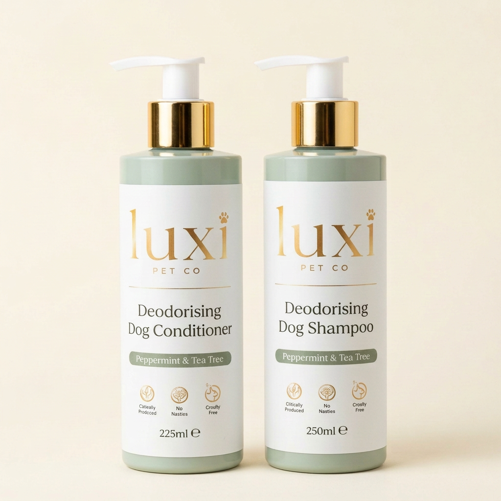 Luxi Deodorising Dog Shampoo and Conditioner bottles on a cream background, shampoo with white pump