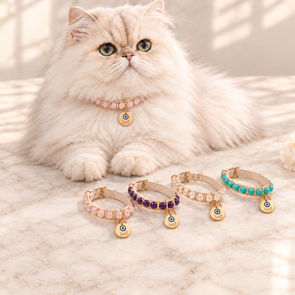 Persian cat with a single Luxi eye tag on each collar