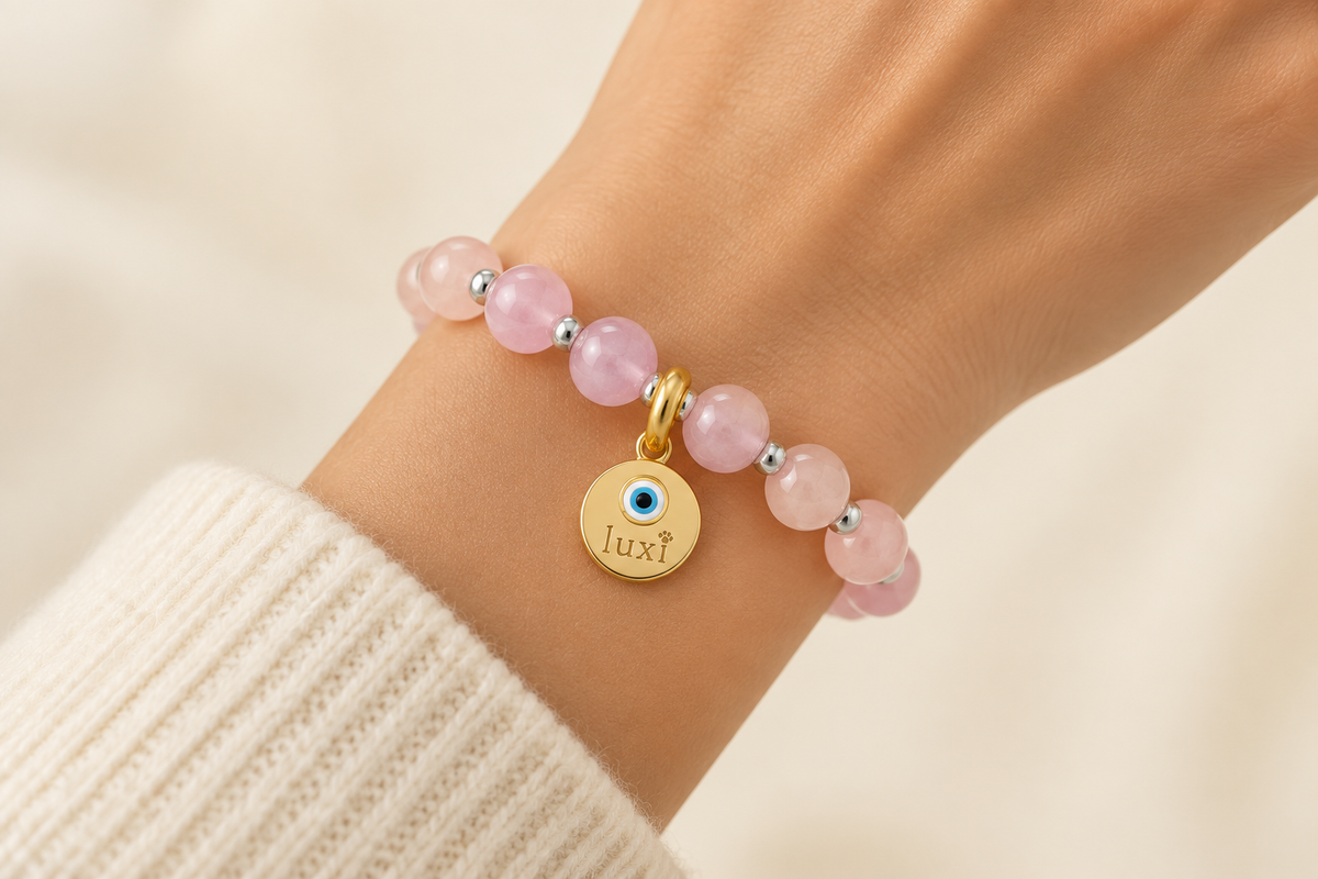 Rose Quartz bracelet worn on wrist