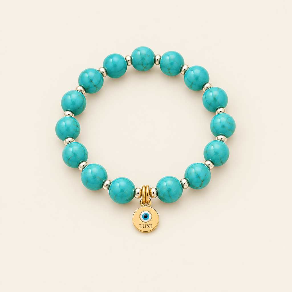 Turquoise bracelet product shot on cream background